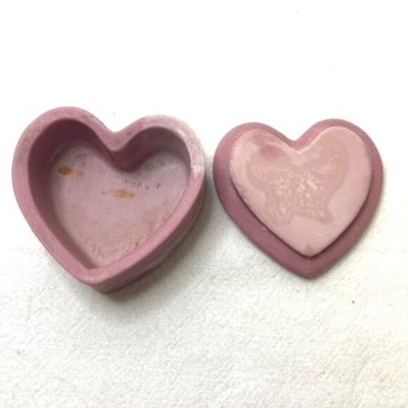 Vtg Robert Nemith Soapstone Heart Shaped Trinket Box Pink White Butterfly & Iris - Picture 5 of 8